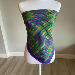 Vintage Women's Silky Scarf Purple & Green Plaid Wrap Preppy Chic Elevated 80's